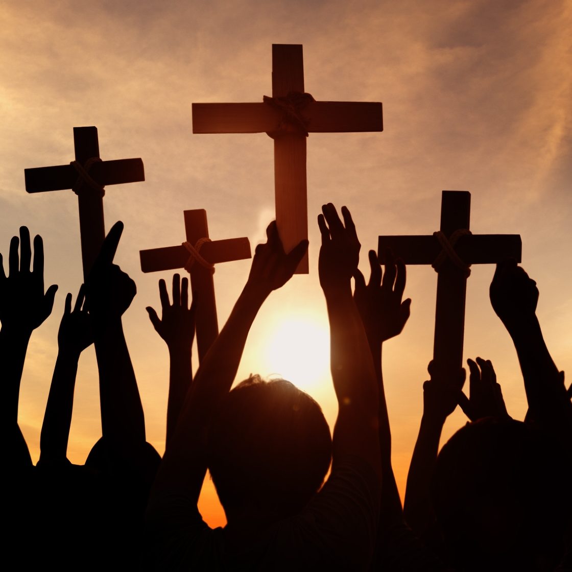 Group Of People Holding Cross And Praying In Back Lit Group of People Holding Cross and Praying in Back Lit